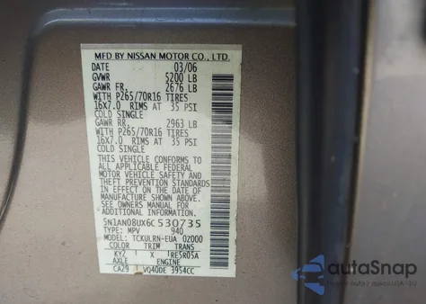 2006 Nissan Xterra S из США, поврежденный, VIN 5N1AN08UX6C530735